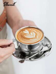 shoxil 3pcs Coffee Cup Set, Milan Coffee Cup Set, Coffee Cup, Saucer And Spoon, Mug, High Quality Stainless Steel Material, Espresso Cup, Pour Over Coffee Cup - Cup - View 9