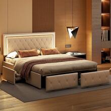 Caluself PU Upholstered Bed 140/160x200 Cm, Double Bed And 4 Drawers, Bed Frame With Adjustable Headboard, Storage Beds, Youth Bed Frame, Bed With Slatted Base - Màu be - Xem 3