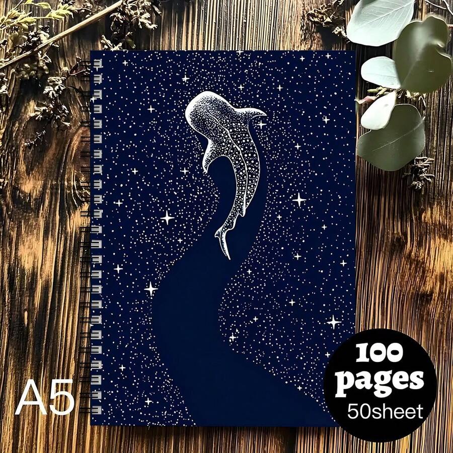 1pc A5 Spiral Notebook With Beautiful Starry Sky And Whale Shark Design, Suitable For Daily Notes, Office Supplies, School, Art Creation, Study Notes, Sketches, Excellent Gift Choice, 50 Pages - A5 - View 1