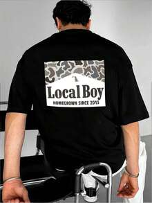 1 chiếc áo thun đen tùy chỉnh, phong cách tối giản, thường ngày, màu trơn, in họa tiết "Local Boy" phối màu không đều, tay ngắn, chất liệu dệt kim. - màu đen - Xem 1