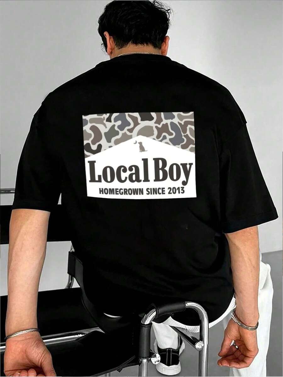 1 chiếc áo thun đen tùy chỉnh, phong cách tối giản, thường ngày, màu trơn, in họa tiết "Local Boy" phối màu không đều, tay ngắn, chất liệu dệt kim. - màu đen - Xem 1