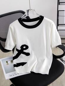 Women's Summer Clothing, High-End Short Sleeve Sweater New Arrival Fashionable Minimalist Personalized Contrast Color Knit Top White - White - View 1