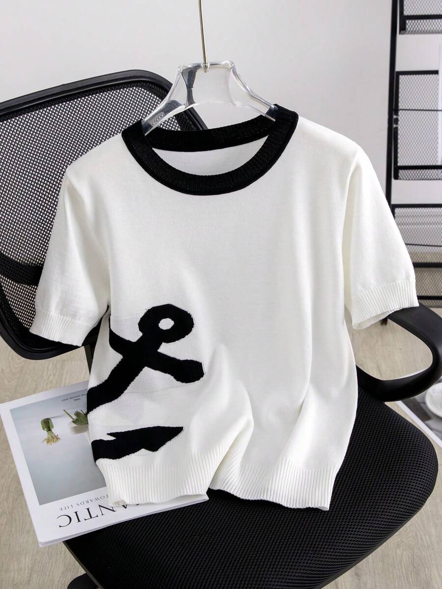 Women's Summer Clothing, High-End Short Sleeve Sweater New Arrival Fashionable Minimalist Personalized Contrast Color Knit Top White - White - View 1