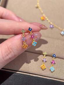 1 Đôi bông tai tua rua hình hoa cỏ ba lá nhiều màu sắc kiểu cổ điển, trang sức tinh tế dành cho nữ, phụ kiện retro sang trọng. - Nhiều màu - Xem 1