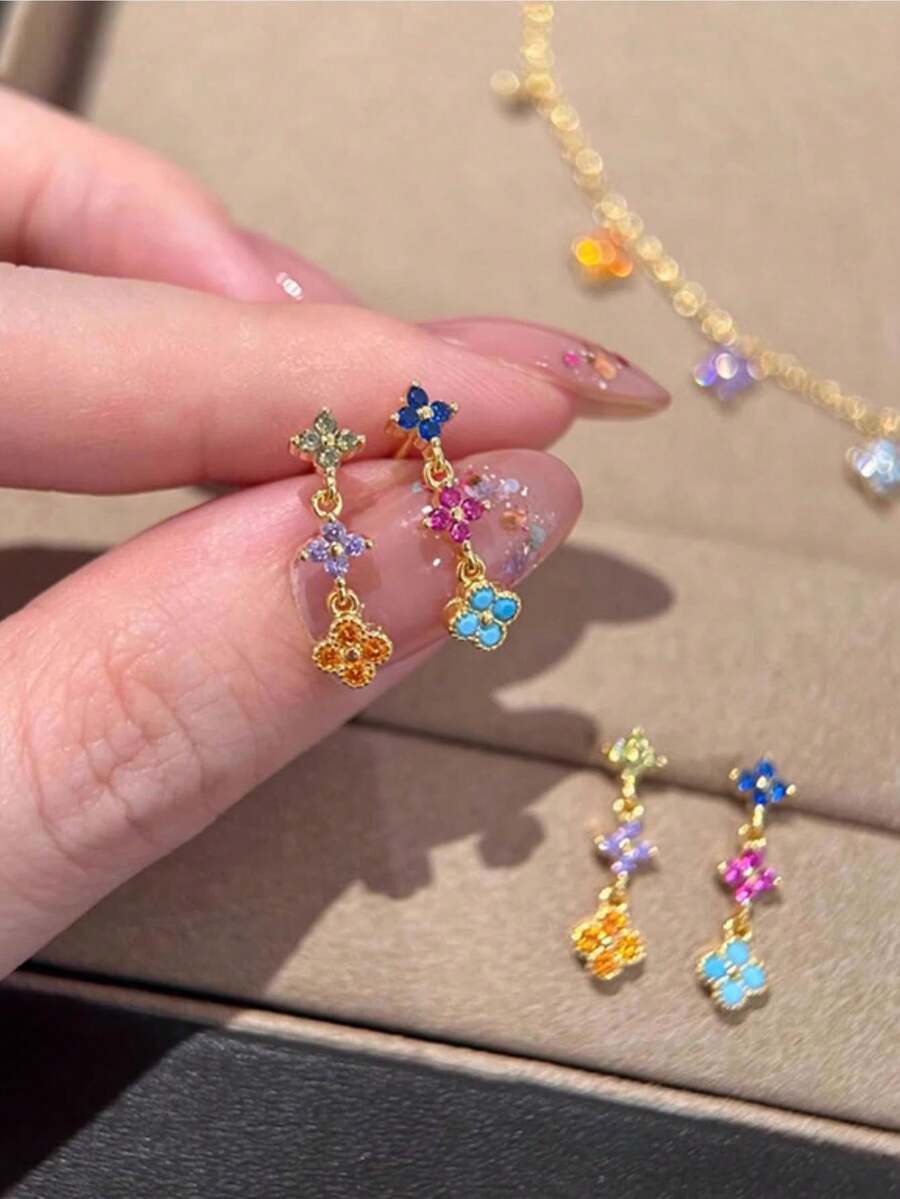 1 Đôi bông tai tua rua hình hoa cỏ ba lá nhiều màu sắc kiểu cổ điển, trang sức tinh tế dành cho nữ, phụ kiện retro sang trọng. - Nhiều màu - Xem 1