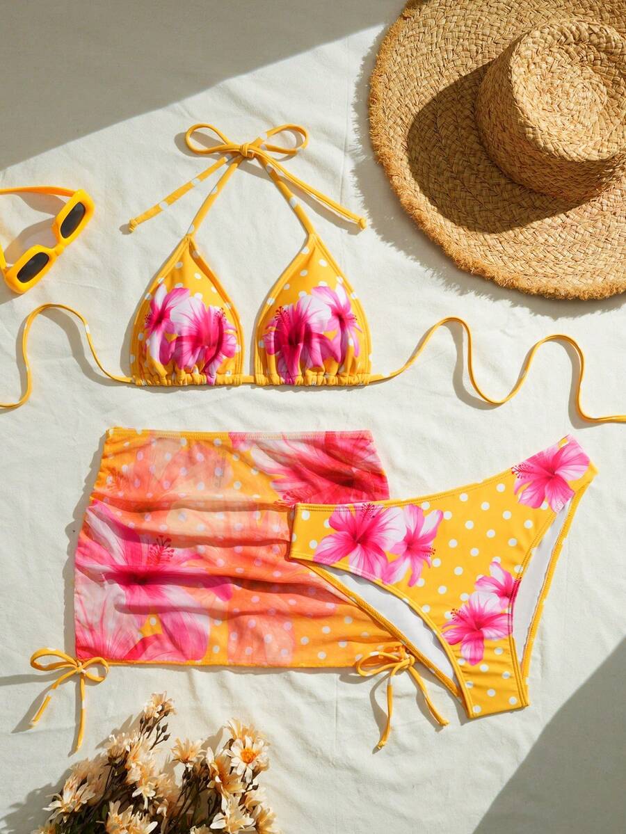 Conjunto de bikini con estampado floral y de lunares para mujer, de tela de alta elasticidad - Amarillo - Ver 1