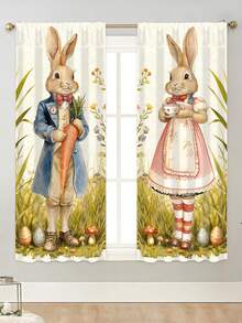 2pcs Easter Bunny Curtains, Countryside Couple Rabbit Carrot Egg Print Curtains, Creating A Cozy Easter Atmosphere, Ideal For Easter Party Decor, Suitable For Living Room, Bedroom, Dining Room And More, Can Be Used As Curtain Decor, Room Decor Background, Polyester Rod Pocket, Also A Great Easter Gift. - Easter Bunny - View 6