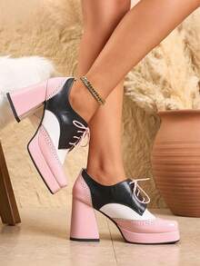 Women's Multi Colored Oxford Shoes Fashion Square Toe Chunky High Heels Platform Brogues Pumps Lace Up Work Office Dress Shoes - 粉色 - 查看 2