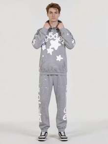 Fashion Street Hooded Set - Playful Star And Letter Print, Loose Casual Design,Y2K  Preferred Two - Piece For Daily Sports And Streetwear - Xám - Xem 4