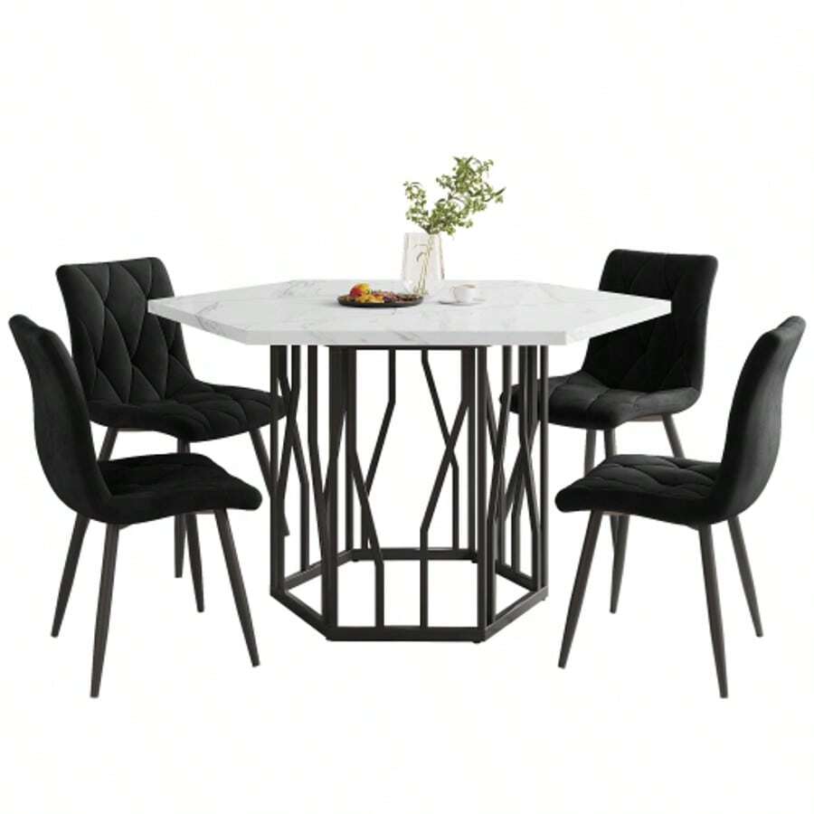 Dining Table And Chair Set (5-Piece Set), Modern Hexagonal Marble Dining Table + 4 Dining Chairs In Green Velvet To Create A Warm And Modern Restaurant - Black - View 1