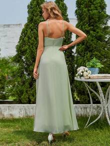 Chiffon Spaghetti Strap Sage Green Bridesmaid Dress Midi Ruffle Hem Wrap Design Sleeveless - Mint Green - View 2