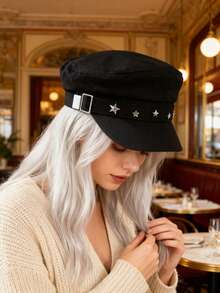 1 Stück Damen Einfarbiger Fünfzackiger Stern Schnalle Flacher Breiter Krempe Hut, vielseitige Zeitungsboy Mütze für Lässig, Ausflüge, Pendeln - einfarbig - Übersicht 4