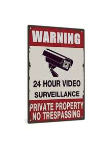1pc "Warning: 24-Hour Video Surveillance" Metal Sign, Private Property No Trespassing Sign, Durable Aluminum Safety Sign, Suitable For Home, Farm, Yard Fence And Gate - Multicolor - View 1
