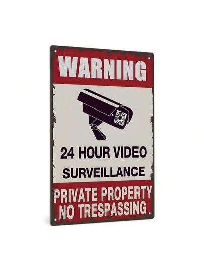 1pc "Warning: 24-Hour Video Surveillance" Metal Sign, Private Property No Trespassing Sign, Durable Aluminum Safety Sign, Suitable For Home, Farm, Yard Fence And Gate