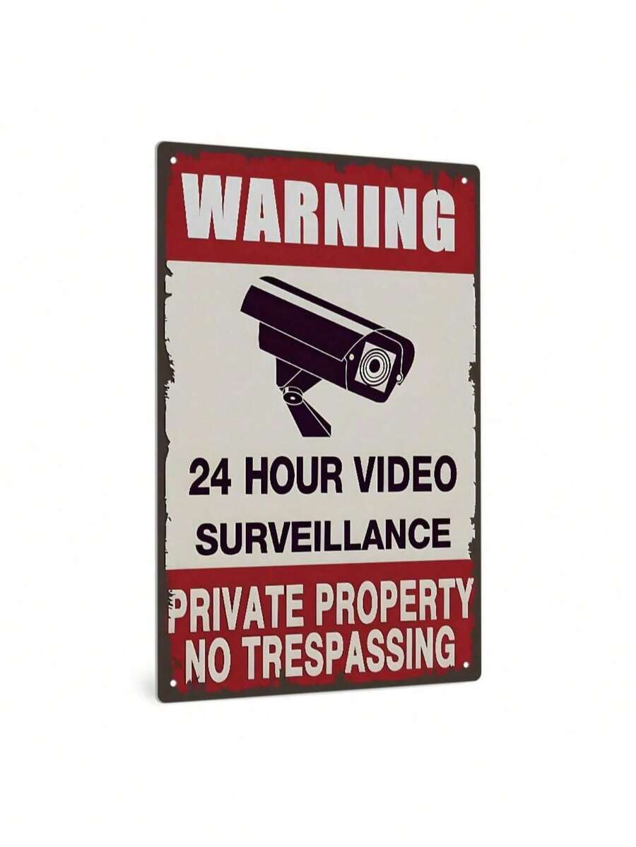 1pc "Warning: 24-Hour Video Surveillance" Metal Sign, Private Property No Trespassing Sign, Durable Aluminum Safety Sign, Suitable For Home, Farm, Yard Fence And Gate - Multicolor - View 1
