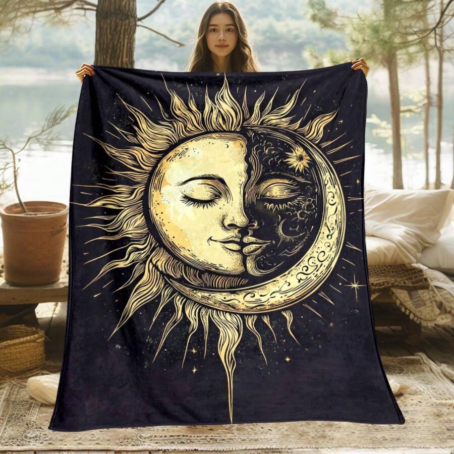 Retro Moon, Star And Sun Printed Blanket,Super Soft Flannel Printed  Blanket,As Birthday Gifts, Family, Wedding, Souvenir Blankets, Polyester Blankets Suitable For All Seasons, Washable, Machine Washable, Lightweight, Breathable, Comfortable, Warm, Unique, 280gsm For Him, Her Personalized Ideal Gifts For Her, Him, Family, Boyfriend, Girlfriend, Father, Family, Mother, Lover, Daughter, Son, Grandfather, Grandmother, Teacher,Doctor, Nurse,Friend, Classmate, Pet. Perfect Nap, Camping, Travel, Home, Daily Life, Office Decoration, Birthday, Anniversary, Valentine's Day, Thanksgiving, Graduation Season,Christmas, Halloween, Mother's Day, Father's Day, Wedding, New Year Gifts ,Sofa,Bed,Car,Bedroom,Living Room,Office,  Outdoor Camping, Beach,Wall Decoration - 多色16 - 查看 1