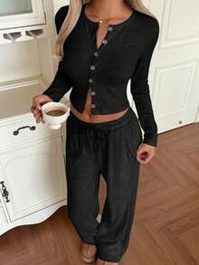 GAOVOT 两件套女士休闲可爱长袖开衫外套和宽松直筒裤套装 - 黑色 - 查看 1