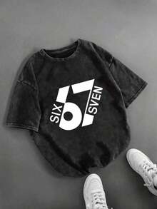 Women's Summer Washed Cotton T-Shirt With Number 67 Pattern And Letter Print, Casual, Simple, Loose Fit, Round Neck, Short Sleeve - Black - View 6