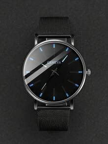 4 Stücke/Set lässige, modische ultradünne runde schwarze Legierungs-Armbanduhr, schwarzer Hexagon-Anhänger Halskette, Ring, Ketten-Armband Set, Legierungs-Mesh-Cut-Out-Design, batteriefrei, Geschenk für ihn zum Geburtstag, geeignet für Weihnachten, Geburtstag, Thanksgiving - Schwarz - Übersicht 7