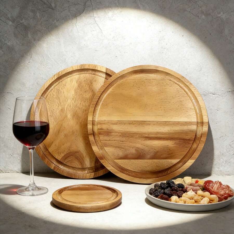 Round Acacia Wood Cheese Board With A Groove, Which Can Be Used As An Appetizer Tray, Suitable For Placing Cheese, Fruits And Appetizers. The Exquisite Wooden Tray Is A Kitchen Accessory And A Cheese Tray, Perfect For Parties And Also Can Be Used As A Gift. It Is An Ideal Choice For Weddings, Bridal Showers, Birthday Celebrations, Ramadan, Valentine's Day Gifts, And For Chefs. - Wood Color - View 1