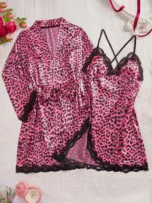 Bộ đồ ngủ 3 món họa tiết da báo phối ren, áo ngủ cổ chữ V có dây thắt eo, đồ ngủ và mặc nhà thanh lịch dành cho nữ. - Màu Hồng Tươi - Xem 4