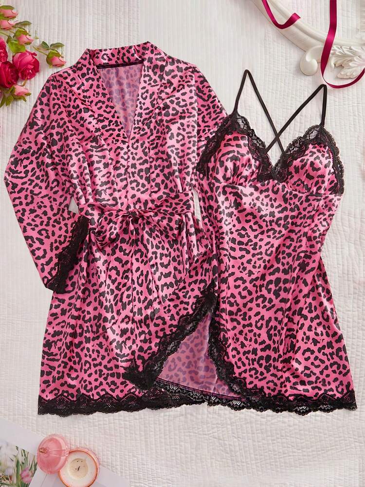 3件套豹纹蕾丝拼接睡衣套装，V领系带睡裙，优雅女士睡衣家居服 - 玫紅色 - 查看 3