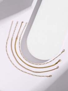 Nooxian 4pcs/Set Gold Tone Jewelry Anklet Set, Boho Beach Resort Layered Style, Stainless Steel Blade Chain & Copper Base Chain Multilayer Anklet Accessories For Women - Yellow Gold - View 4