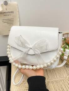 Sweet Lace Bow Pearl Mini Handbag Shoulder Bag - White - View 3