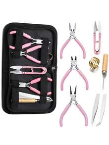 一套珠宝制作工具套装，包含珠宝钳、开口圈钳、锥子、尺子、手工戒指尺寸测量器、镊子，适用于珠宝维修和制作。