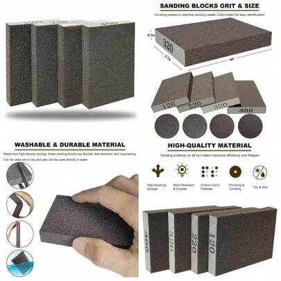 Hand Sanding Sponge Set 4 Pack Coarse Medium Fine Grit 120 220 320 400 Washable Reusable Sanding Block For Wood Drywall Metal Rust Removal Polishing