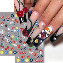 2pcs Y2K Style 3D Nail Stickers - Self-Adhesive Cartoon Cherry, Leopard, Star, Billiard Ball And Playing Card Patterns, Suitable For DIY Nails, Glossy Effect, Disposable, Embroidered Texture, Rectangular, Fun Creative Design, DIY Manicure - Multicolor - View 3