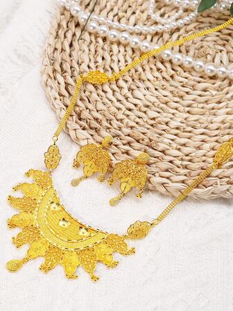 Middle East Bride Versatile Style Luxury Gold Alloy Wedding Set Stunning Dubai African Evening Party Necklace Earrings For Women