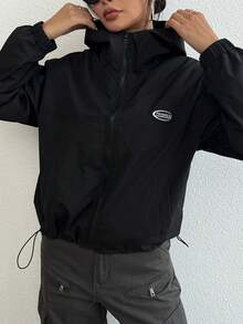 女士黑色夹克外套，带拉链和连帽设计，内衬，纯色简约风格，适合日常、户外、运动穿着，时尚百搭。 - 黑色 - 查看 1