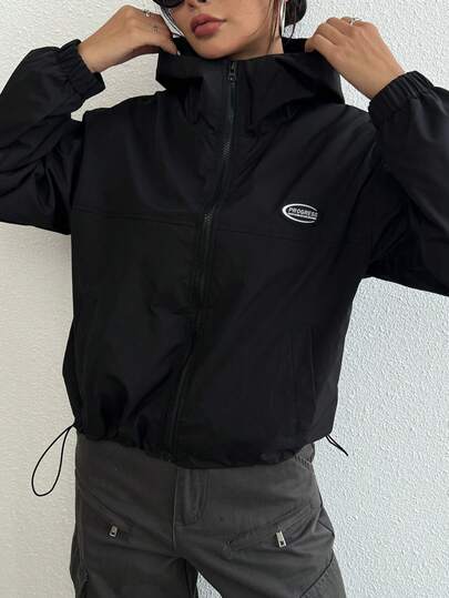 Women's Black Jacket Coat, Zipper Hooded Design With Lining, Solid Color Minimalist Style, Versatile For Daily, Outdoor, Sports Wear, Fashionable Outfit