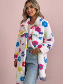 Womens Casual Fuzzy Floral Print Teddy Coat Button Front Long Sleeve Warm Knitted Fabric Midi Jacket With Collar And Pockets - 彩色 - 查看 4