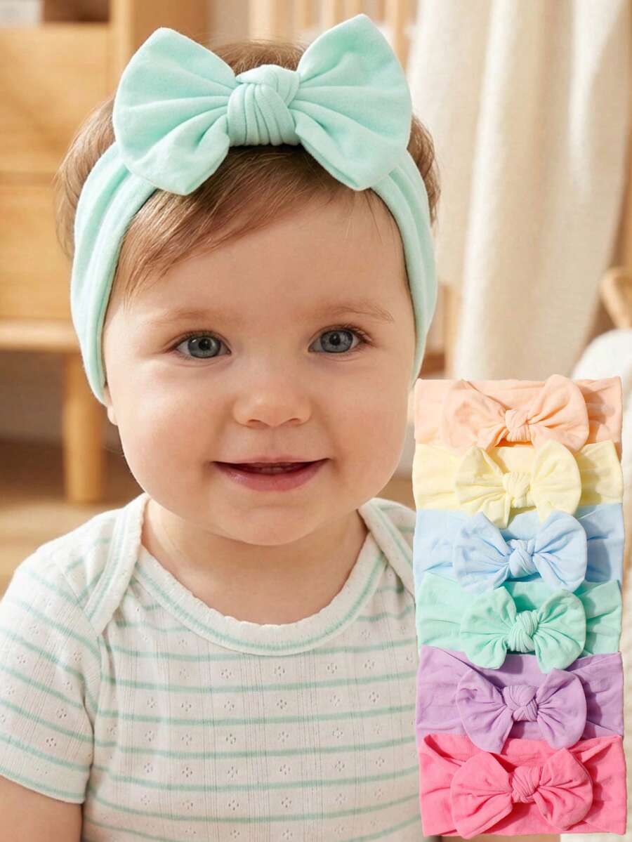 Conjunto de 6 faixas de cabelo infantis em nylon com laço grande e cores vibrantes, perfeitas para o dia a dia no início da primavera. - Multicolorido - Ver 1