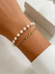 2Pcs/Set Simple Fashion Custom Name Initial Pendent Gold Color Stainless Steel Chain Faux Bead Chain Bracelets For Women - Multicolor - View 4