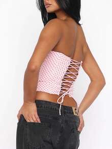 Womens Strapless Bustier Corset Top Y2k Lace Up Boned Overbust Corset Bodyshaper Tube Top Going Out Bustier - 玫紅色 - 查看 4