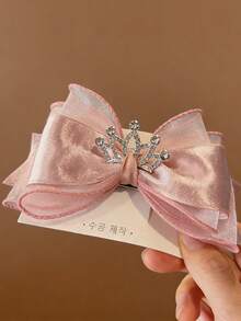 1PC Red Princess Hairpin Three-Dimensional Diamond Crown Fabric Mesh Bow Hairpin Girl's Hair Accessories Bangs Clip Daily Versatile Headwear (Paper Card Is For Display Only)