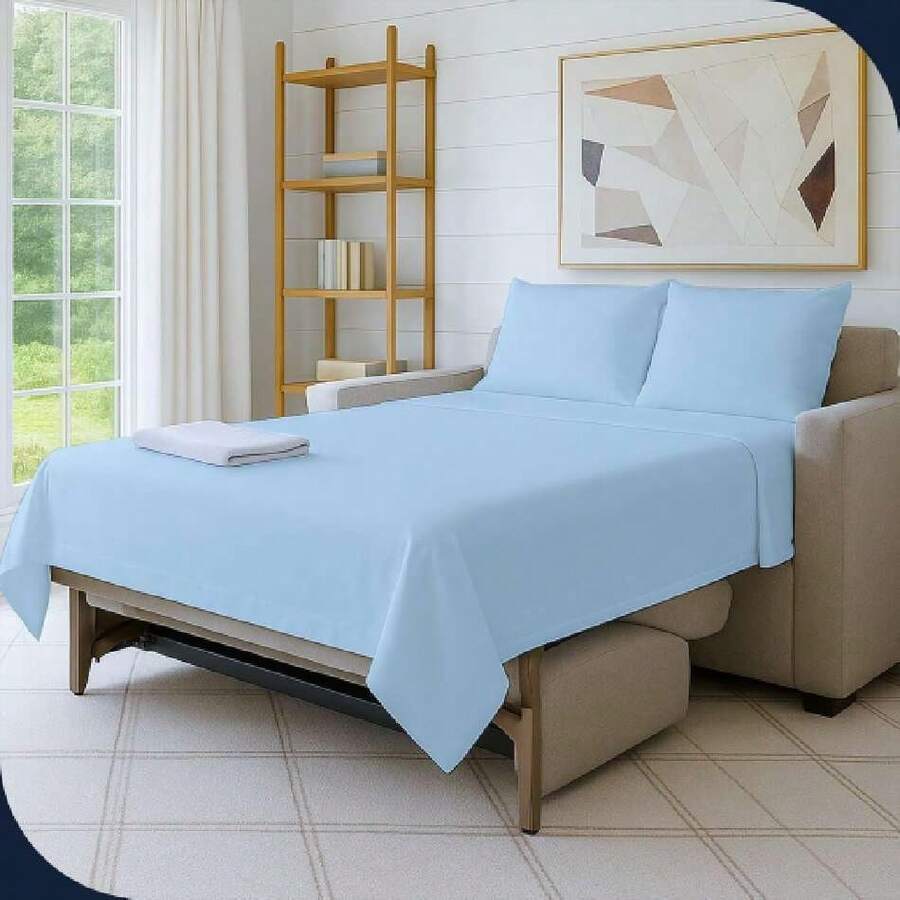 Full Sleeper Sofa Bed Sheet Set, 4 Piece Premium Quality 100% Egyptian Cotton, 6 Inch Deep Sofa Bed/Pullout Couch Sheets, Sky Blue,37105577 - 藍色 - 查看 1