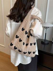 1pc Heart Contrast Color Knitted Tote Bag, Large Capacity Fashion Beach Bag, Versatile For Commuting - Multicolor - View 5