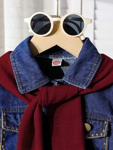 3pcs/Set, Girls Fashionable Casual Embroidered Denim Jacket + Solid Color Skirt + Matching Shawl - Burgundy - View 4