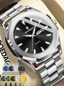 POEDAGAR 1件装休闲男士不锈钢石英腕表，双日期显示，商务男士防水夜光腕表，时尚男士腕表，适合日常佩戴，男士礼物 - 均碼 - 查看 12