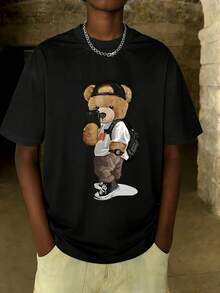 1件青少年男童美式风格小熊图案圆领短袖T恤，青少年学生服装 - 黑色 - 查看 2