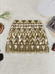 Váy ngắn ôm sát eo cao phối màu tương phản họa tiết hình học đính sequin phong cách Rave Vintage cho tiệc tùng. - Màu be - Xem 7