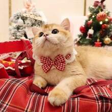 Houndstooth Knit Pet Scarf & Bib Set - Red & Plaid Bow, Soft & Warm Winter Coat, Suitable For Cats And Small Dogs, Button Closure, Holiday Outfit, Cozy Knitted Collar, Fits Medium Pets, Easy Care Holiday Accessory - Red - View 4