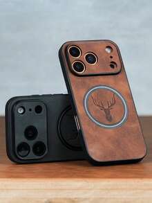 奢华复古仿羊皮麋鹿头图案手机壳，兼容 17/16/15/14/13/12/11 Pro Max Plus，支持磁吸无线充电，适用于 17 Pro Max，软边设计，防震保护套，春季生日礼物之选。 - 淺棕色 - 查看 4