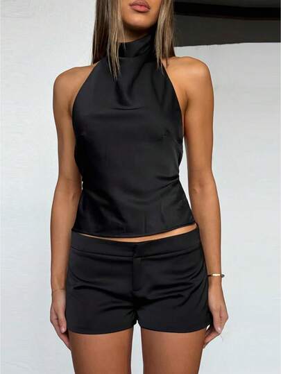 Women Shorts Set 2 Piece Outfit Satin Silk Halter Cowl Neck Backless Tank Top And Mini Shorts Party Clubwear Beachwear