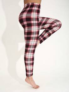 Plus Size Women's Burgundy Plaid Print Leggings, Casual Fashion Striped Elastic Skinny Pants, Minimalist Soft Comfortable Workout Pants For Indoor Exercise, Outdoor Leisure, Suitable For Spring/Summer - Wine Red and White Checkered - View 6