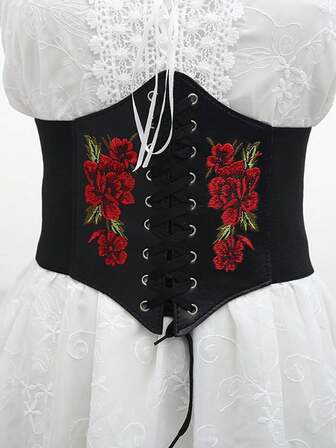 1 pieza Cinturón ancho bordado con lazo para mujer, cinturón de cintura para vacaciones, cinturón ancho de cintura, estilo corsé, bordado floral óxido, cintura elástica, adecuado para uso casual, fiesta, cita, otoño/invierno